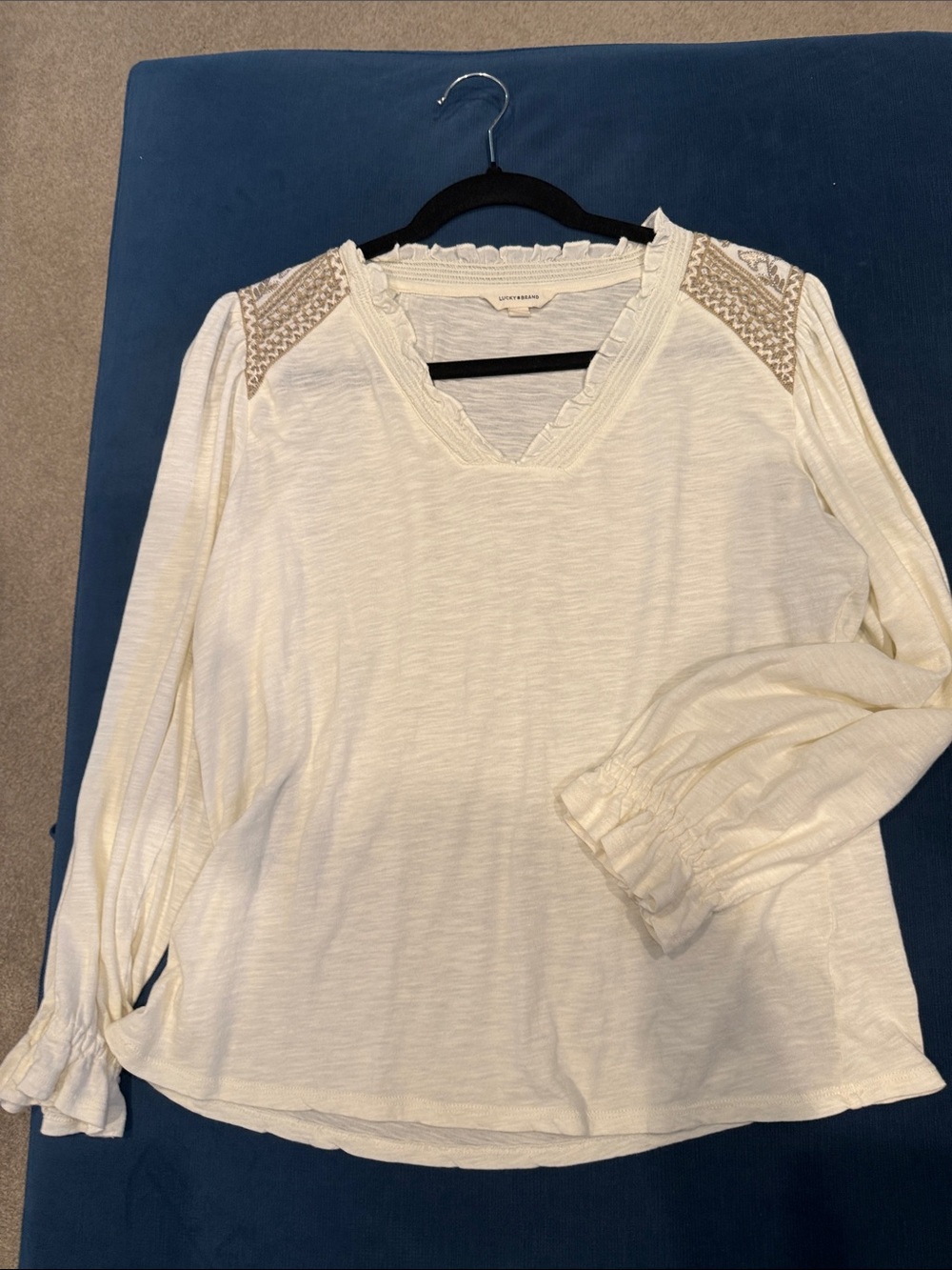 LuckyBrand Cream V-Neck Long-Sleeve Tunic with Crochet Shoulder detail